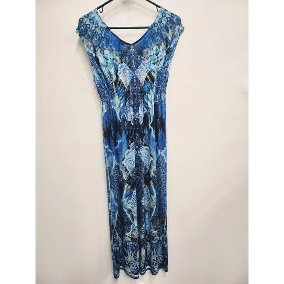 Live And Let Live Womens BOHO Maxi Dress Small Blue Abstract Sleeveless Festival - Picture 11 of 11